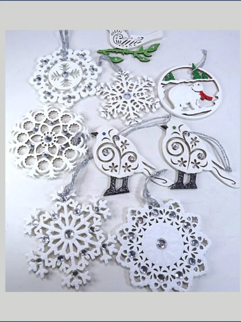 White Wood Winter Ornaments Lot 9 Polar Bear Birds Snowflake Rhinestone